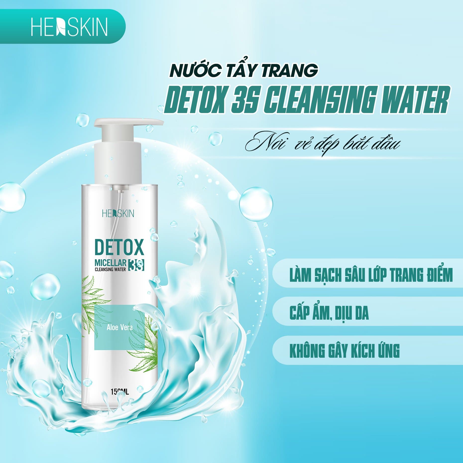 [HCM]NƯỚC TẨY TRANG HERSKIN DETOX 3S CLEANSING WATER chiết xuất từ nha đam - Princess White 150ml