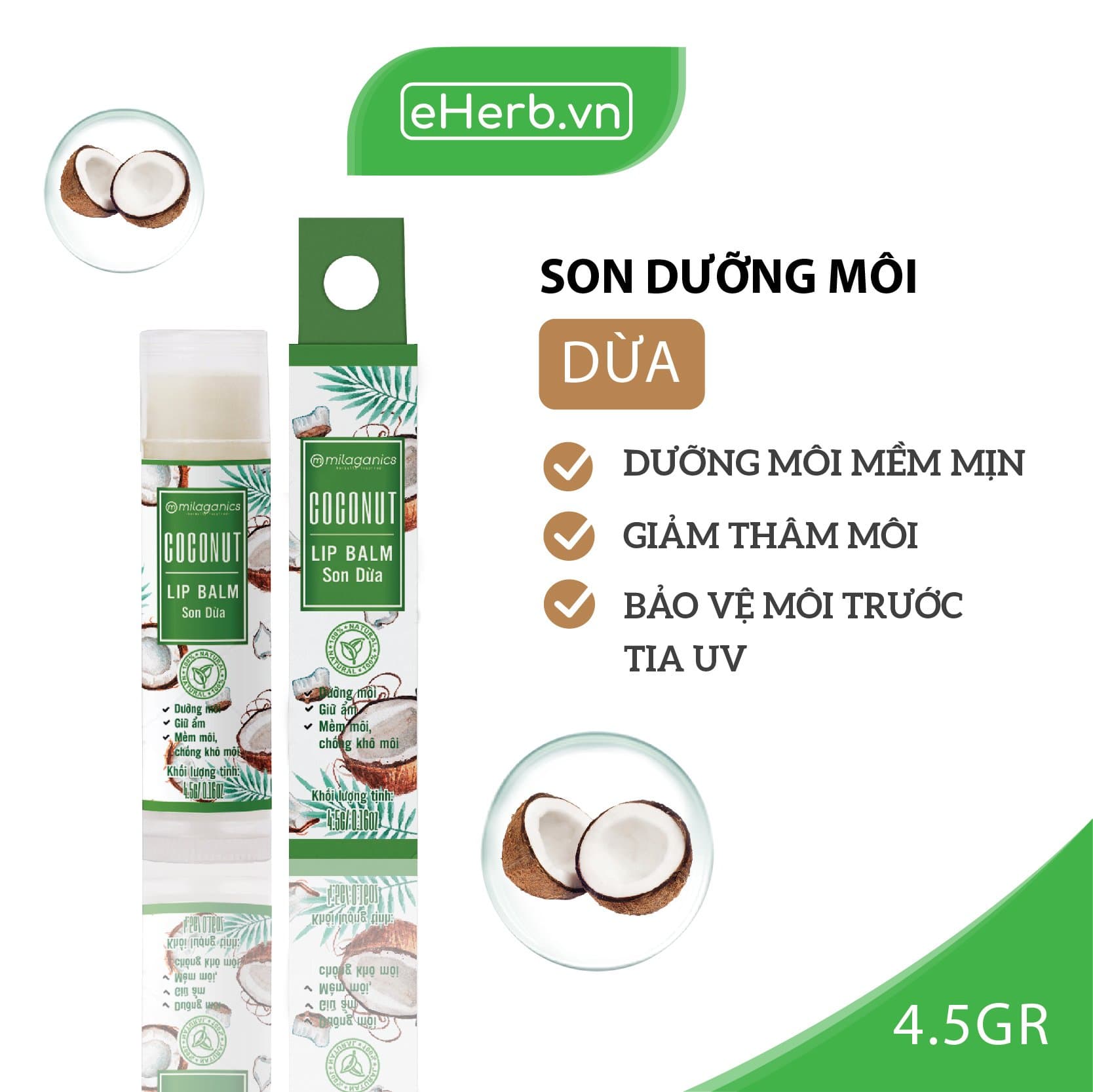 [HCM]Son Dưỡng Môi Dừa Dưỡng Ẩm Giảm Thâm Môi MILAGANICS 4.5g (Cây)