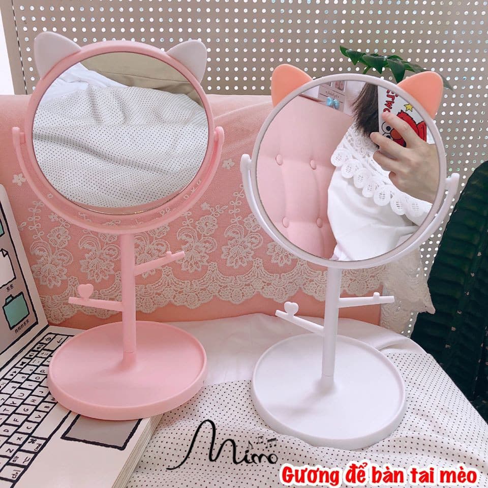 Gương Để bàn Trang điểm Dễ Thương Kèm Móc Treo Phụ Kiện Xoay 360 độ