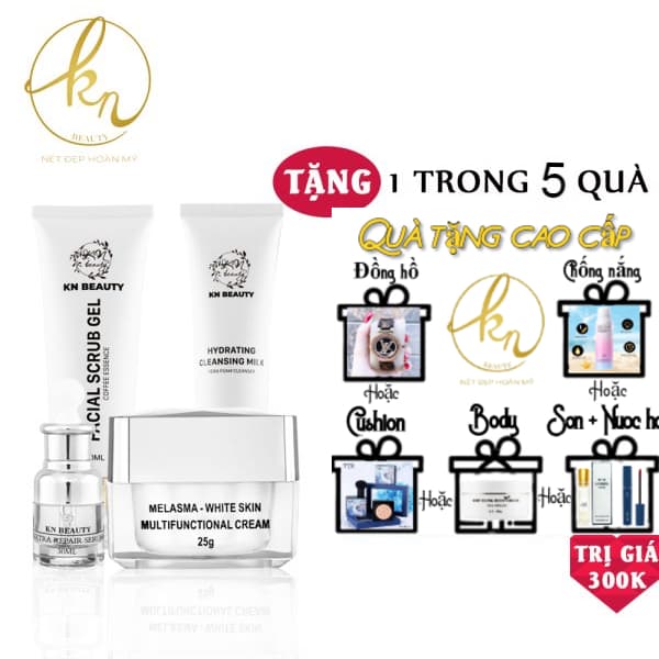 [HCM][?? QUÀ TẶNG TRỊ GIÁ 300K] Bộ 4 bước chăm sóc da Trắng sáng Ngừa Nám KN Beauty chuyên sâu: kem dưỡng 25g + serum 30ml sữa rửa mặt 120ml tẩy tế bào chết 120ml