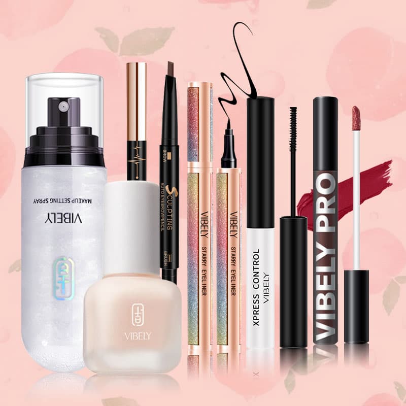 [HCM]VIBELY Bộ trang điểm đầy đủ Kem nền dạng lỏng+Xịt dưỡng trang điểm+Mascara+Bút kẻ mắt+Bút kẻ lông mày+Sơn bóng (Quà tặng miễn phí: 50 miếng Bông tẩy trang + 1 gói mặt nạ + 1 Mút tán)