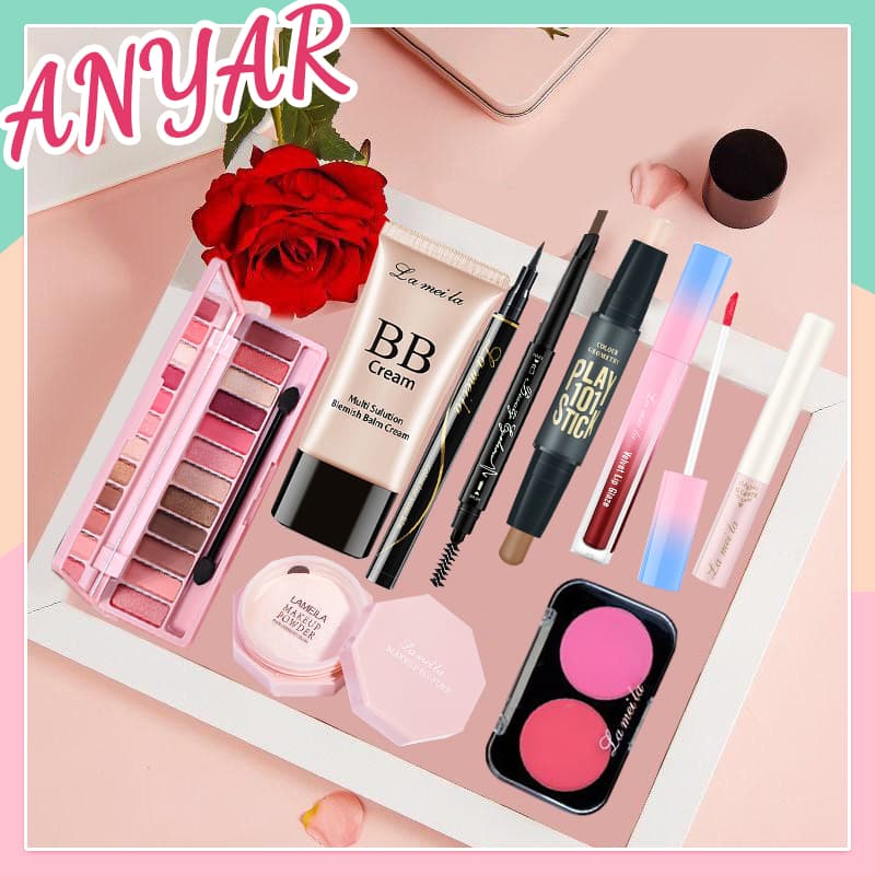 [HCM]ANYAR-Bộ trang điểm cá nhân LAMEILA 9 món tiện lợi Kem BB che khuyết điểm（kem nền） +Phấn phủ kiềm dầu+Phấn bảng mắt+Mascara+Chì kẻ mày+Bút dạ kẻ mắt+phấn má+Bút tạo khối+son lì