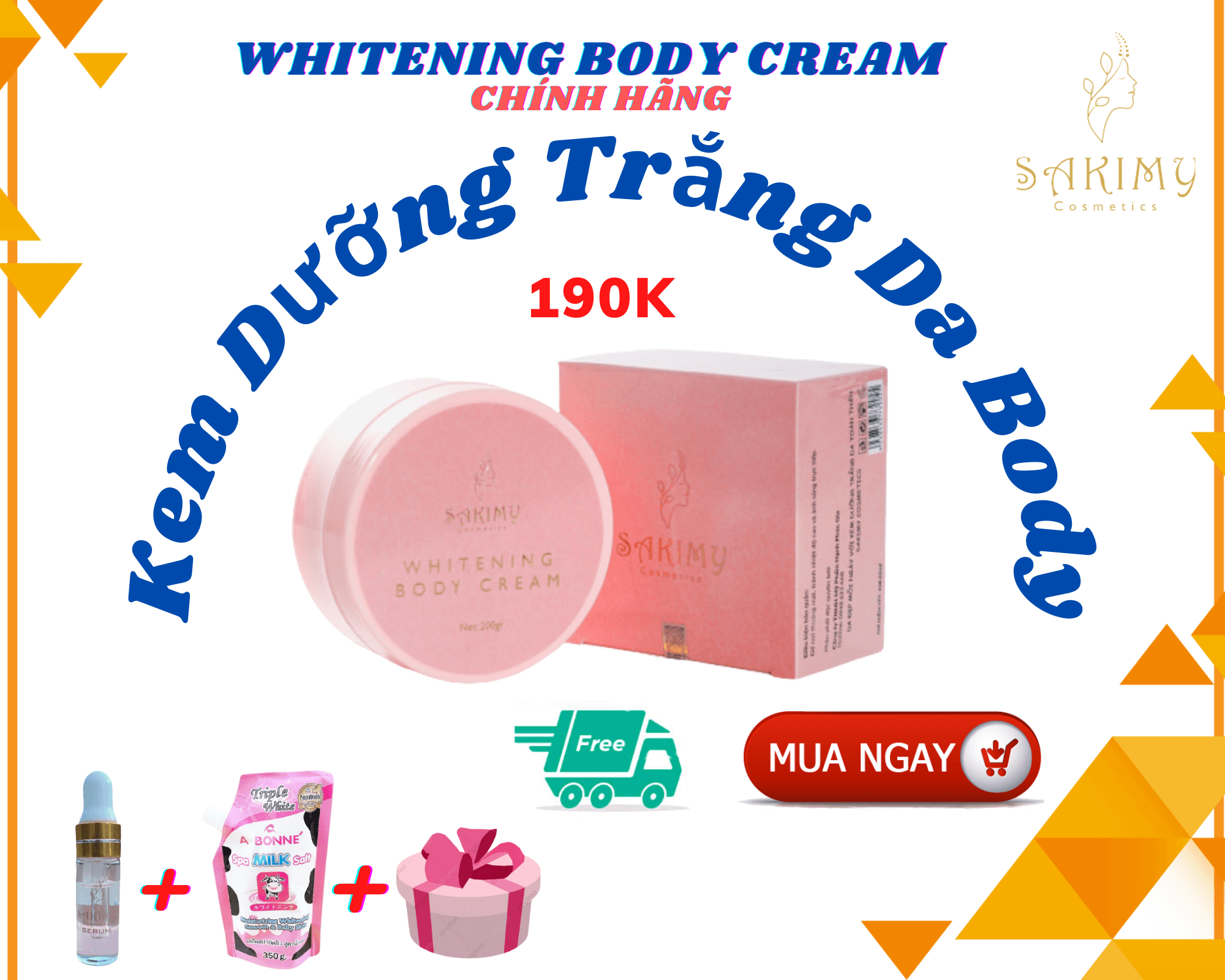 Kem dưỡng trắng da body SAKIMY 200g tặng kèm 1 chai serum kích trắng SAKIMY (CHÍNH HÃNG)