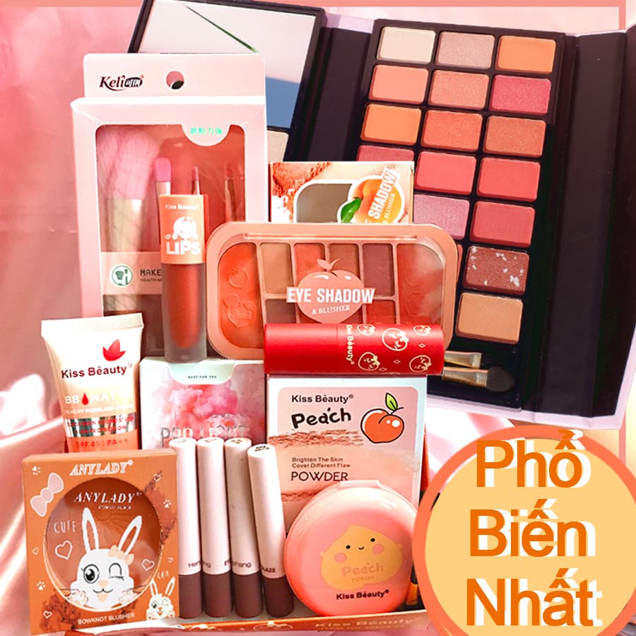 [HCM][Peachy Sis Shop] Trọn bộ mỹ phẩm trang điểm chuyên nghiệp 12 món đầy đủ nhất (1x bộ cọ trang điểm 4 món+1xBB kem +1x phấn phủ trang điểm +2x Khay trang điểm +1x má hồng +1x mascara +1x Kẻ mắt +3x Son bóng +1x son môi)