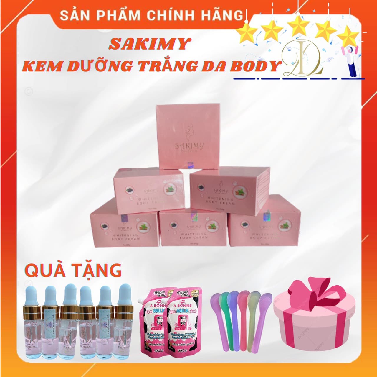 Kem body dưỡng trắng da  SAKIMY whitening body cream COMBO 6 hộp  tặng 6 chai serum Sakimy pha kem body (Chính hãng)