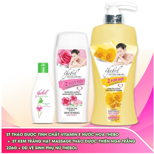 [HCM]Sữa tắm nước hoa tinh chất Vitamin E thảo dược dưỡng ẩm trắng da Thebol 2 Plus 650g +Sữa tắm trắng da hạt massage Thebol 226g + Dung dịch vệ sinh phụ nữ cao cấp Thebol 200g