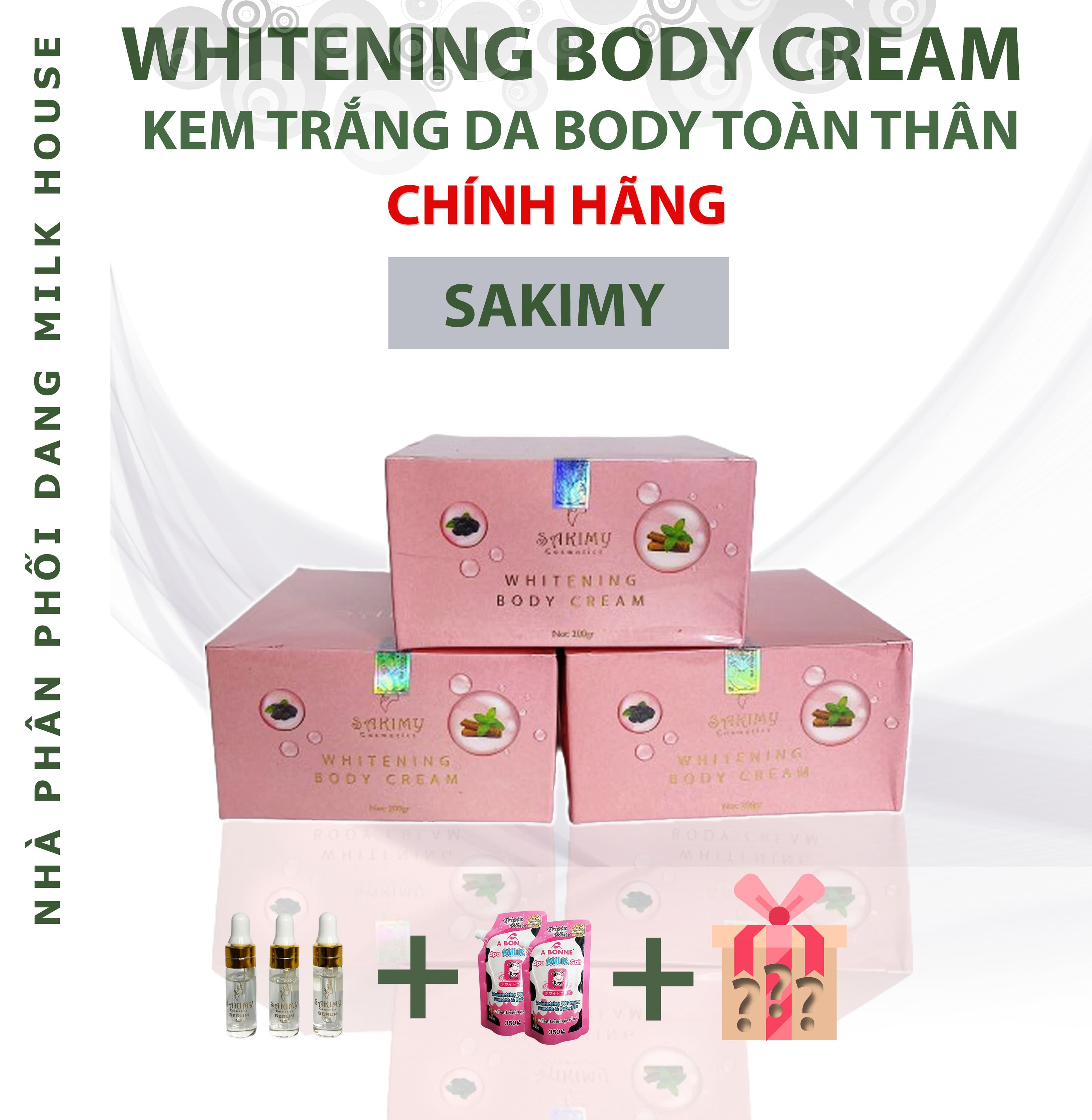COMBO Kem trắng da body SAKIMY 200g - Tặng 3 serum kích trắng SAKIMY (chính hãng) +2 muối tắm CON BÒ Thái Lan