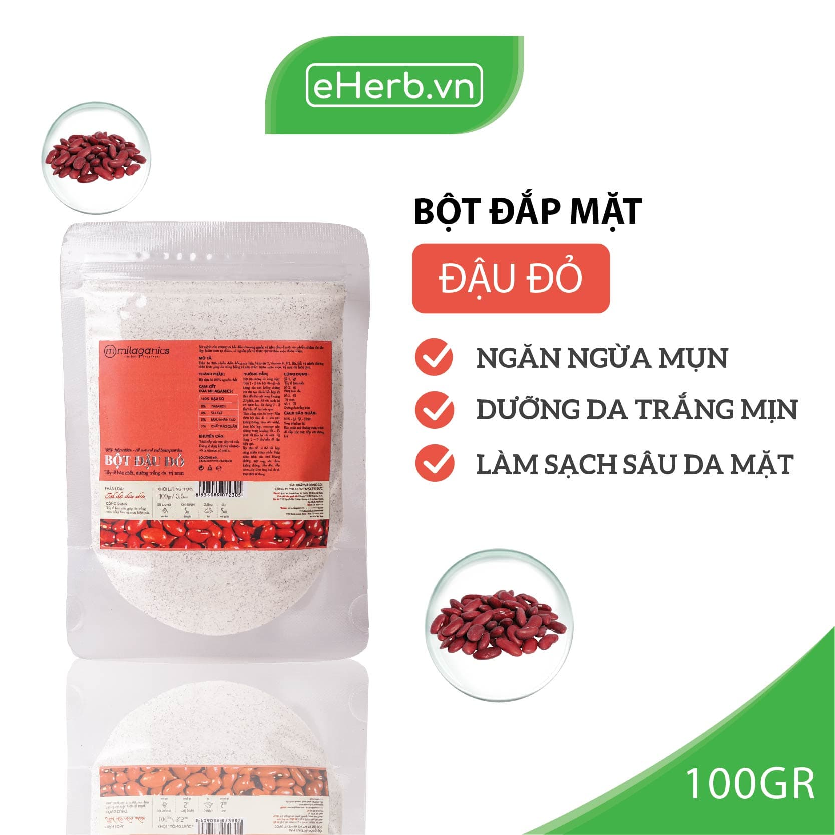 Bột Đậu Đỏ Nguyên Chất Đắp Mặt Nạ Ngăn Ngừa Mụn Dưỡng Da Trắng Mịn MILAGANICS 100g (Túi Zip)
