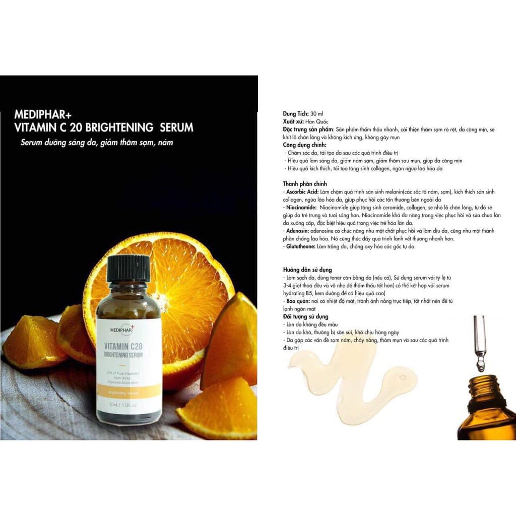 [HÀNG CÔNG TY] Serum Dưỡng Trắng Sáng Da Giảm Thâm Nám Sạm Da Chống Lão Hóa MEDIPHAR+ VITAMIN C 20 BRIGHTENING SERUM 30ml - SimmyShop