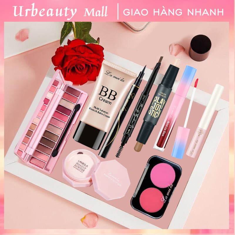 [HCM]【Urbeauty Mall】Bộ trang điểm cá nhân LAMEILA 9 món tiện lợi Kem BB che khuyết điểm（kem nền） +Phấn phủ kiềm dầu+Phấn bảng mắt+Mascara+Chì kẻ mày+Bút dạ kẻ mắt+phấn má+Bút tạo khối+son lì