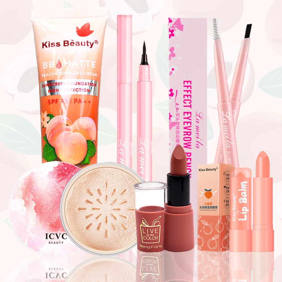 [HCM][Peachy Sis] Trọn bộ trang điểm 6 món sành điệu nhìn là mê (kem BB+Kẻ mắt+Chì kẻ mày+Phấn phủ dạng bột+Son môi mờ+Son dưỡng môi màu hồng đào)
