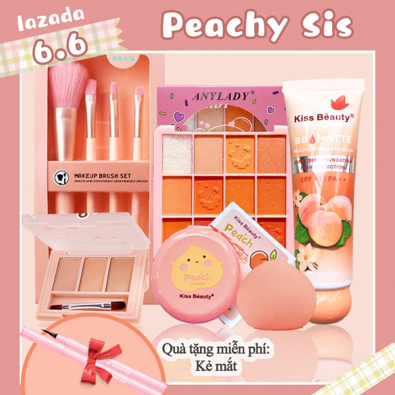 [HCM][Peachy Sis] Bộ trang điểm tiện lợi 6 món từ a đến z bộ makeup đầy đủ set trang điểm chuyên nghiệp Cọ trang điểm+Phấn mắt + Kem nền+Phấn trang điểm+Mút trang điểm+ kem che khuyết điểm 【1 Quà tặng miễn phí】