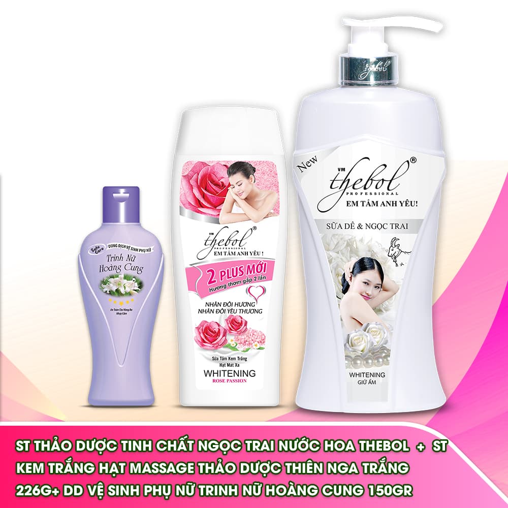 [HCM]Sữa tắm nước hoa tinh chất ngọc trai thảo dược dưỡng ẩm trắng da Thebol 1200g + Sữa tắm trắng da hạt masage Thebol 226g + Dung dịch vệ sinh phụ nữ chiết xuất từ cây trinh nữ hoàng cung khử mùi giảm viêm ngứa Thebol 150g