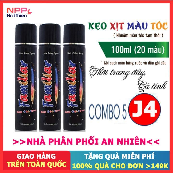 Combo 5 chai Xịt tóc màu tạm thời chuẩn salon Familiar 100ml (J4 màu đỏ)- Đơn 300k nhận quà 30K NPP AN NHIÊN
