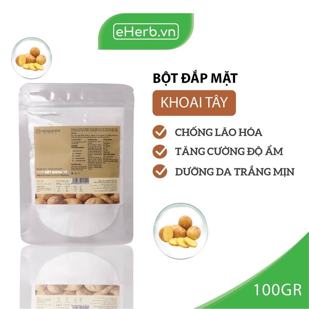Bột Khoai Tây Nguyên Chất Đắp Mặt Nạ Dưỡng Da Trắng Mịn Chống Lão Hóa MILAGANICS 100g (Túi Zip)