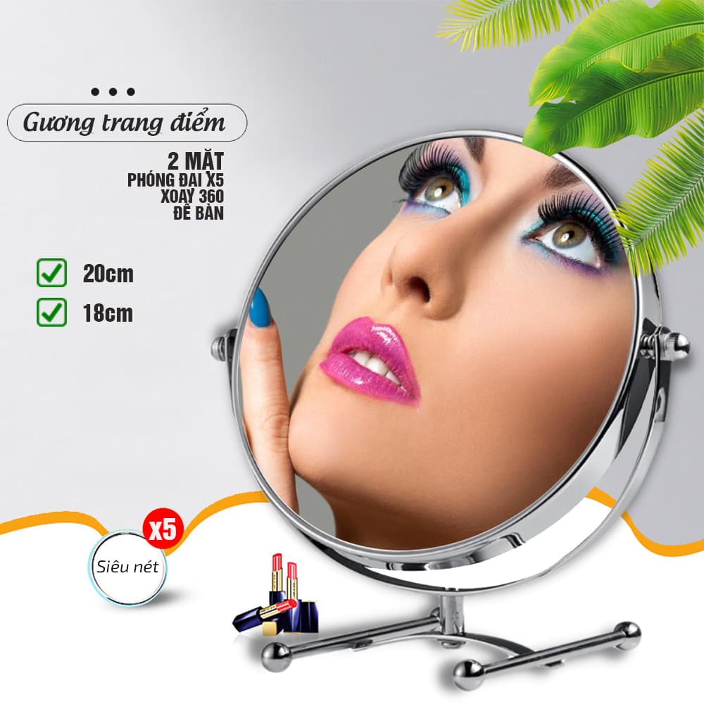 Gương trang điểm phóng đại 5 lần xoay 360 độ 2 mặt siêu nét để bàn Inox 304/ thép không gỉ Size 18cm 20cm Minh House G32