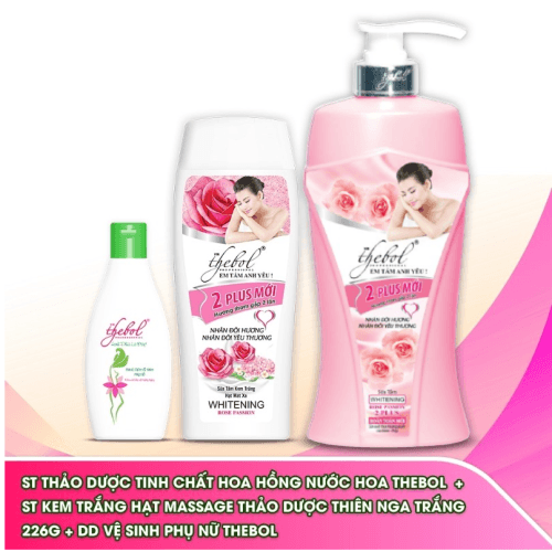 [HCM]Sữa Tắm Hoa Hồng Dưỡng Ẩm Trắng Da Tinh Chất Nước Hoa Thebol 650g + Sữa tắm trắng da hạt massage Thebol 2plus 226g + Dung dịch vệ sinh phụ nữ cao cấp Thebol 200g