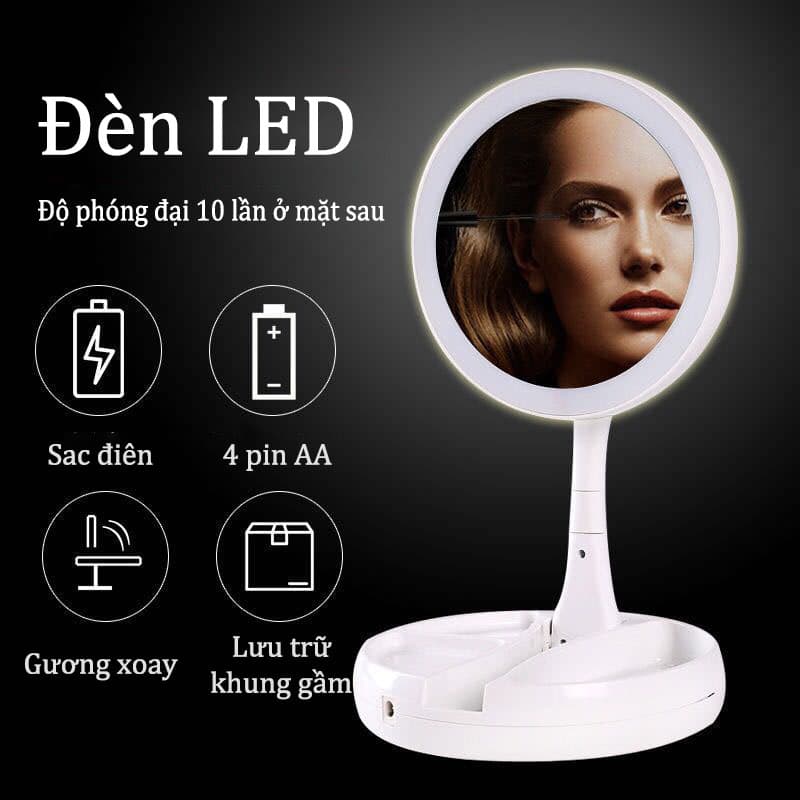 【Urbeauty】Gương soi trang điểm để bàn gấp gọn có đèn led kết nối USB và pin AA,Gương trang điểm có đèn led phát sáng có thể gấp gọn để bàn hoặc mang theo bên người tiện dụng,gương để bàn
