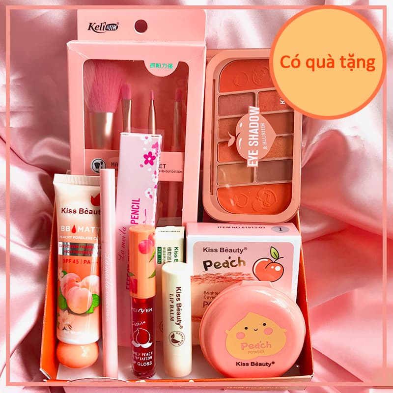 [HCM]【Kiss Belle Shop】[​Quà tặng miễn phí: dây chun bông cúc nhỏ]-Trọn bộ trang điểm 7 món sành điệu nhìn là mê(Bộ cọ trang điểm 4 món + kem BB + phấn trang điểm + chì kẻ mày + phấn má 10 màu mắt + dầu môi + son dưỡng)