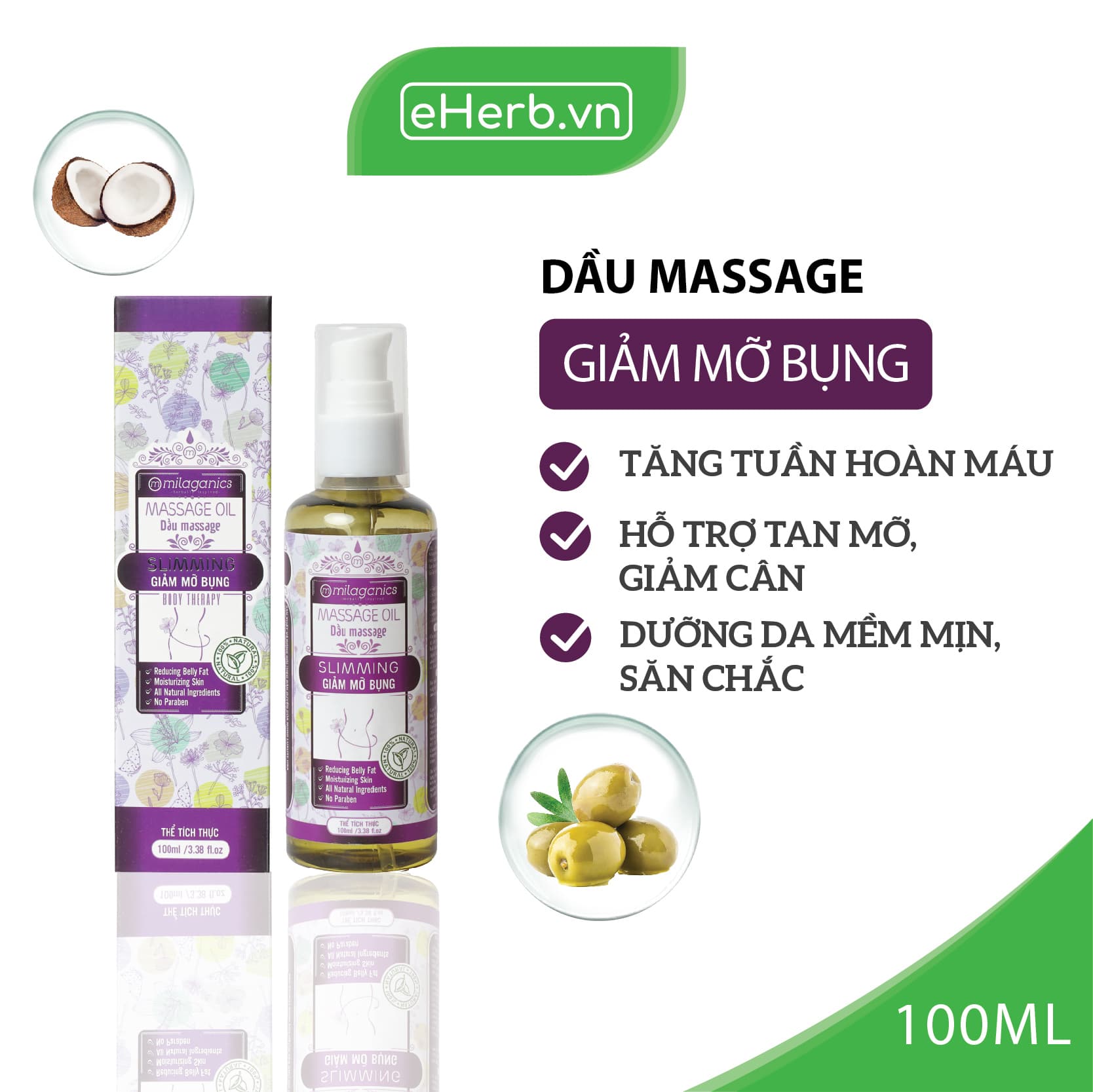[HCM]Dầu Massage Giảm Mỡ Bụng Hỗ Trợ Làm Tan Mỡ Dưỡng Da Mềm Mịn Từ 8 Loại Dầu Thiên Nhiên MILAGANICS 100ml (Chai)