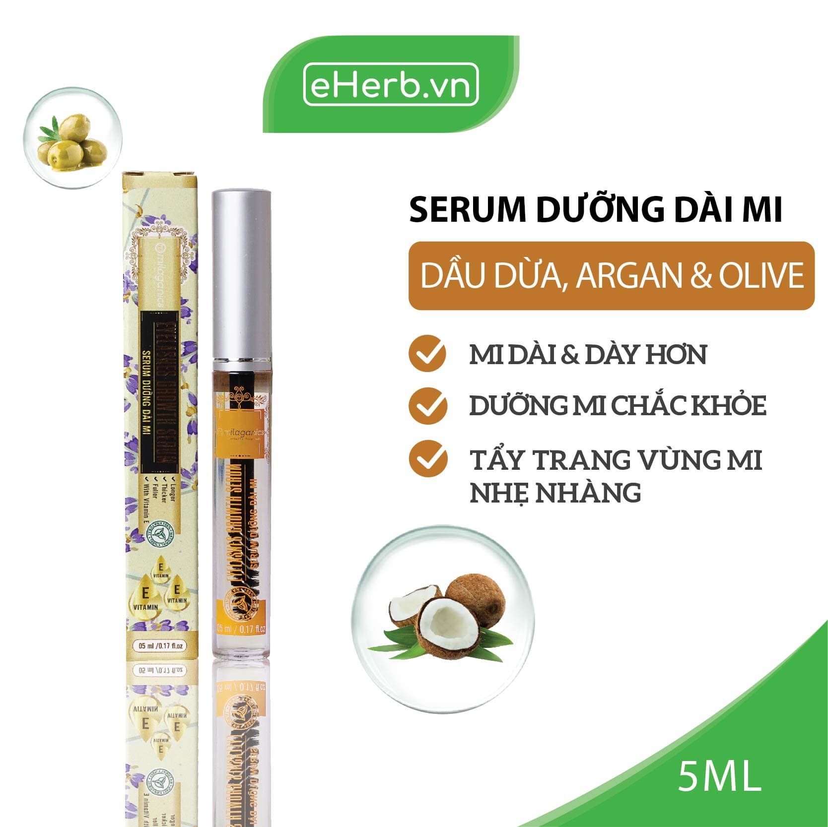 Serum Dưỡng Dài Mi Từ Dầu Nguyên Chất (Dừa Olive Argan) MILAGANICS 5ml (Tuýp)