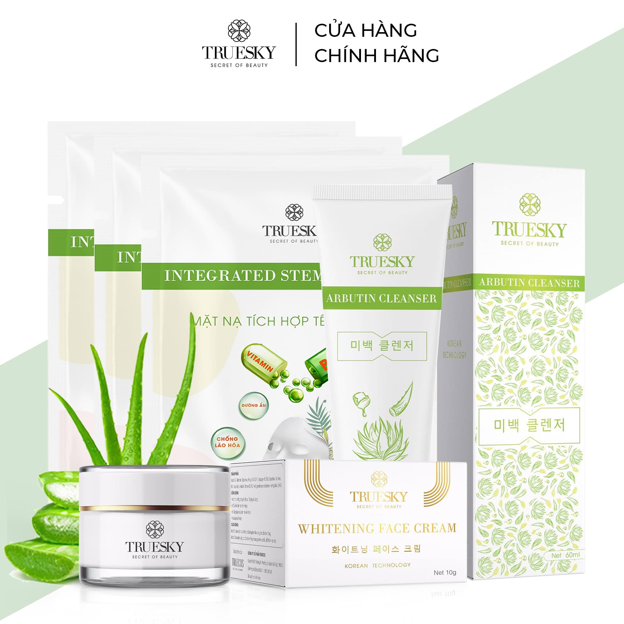 [HCM]Bộ dưỡng trắng da mặt Truesky P02 gồm 1 kem face trắng 15g & 1 sữa rửa mặt nha đam 60ml & 3 miếng mặt nạ dưỡng trắng