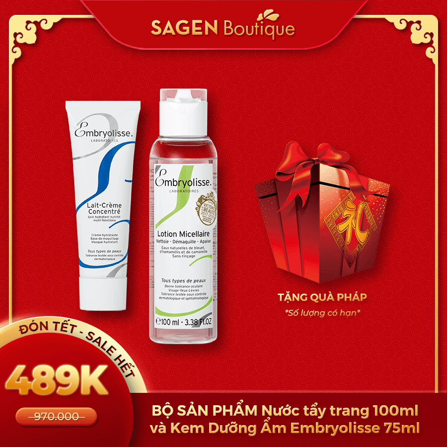 [HCM]BỘ SẢN PHẨM Nước tẩy trang Embryolisse Micellaire Lotion 100ml và Kem Dưỡng Ẩm Embryolisse Lait Creme Concentre 75ml