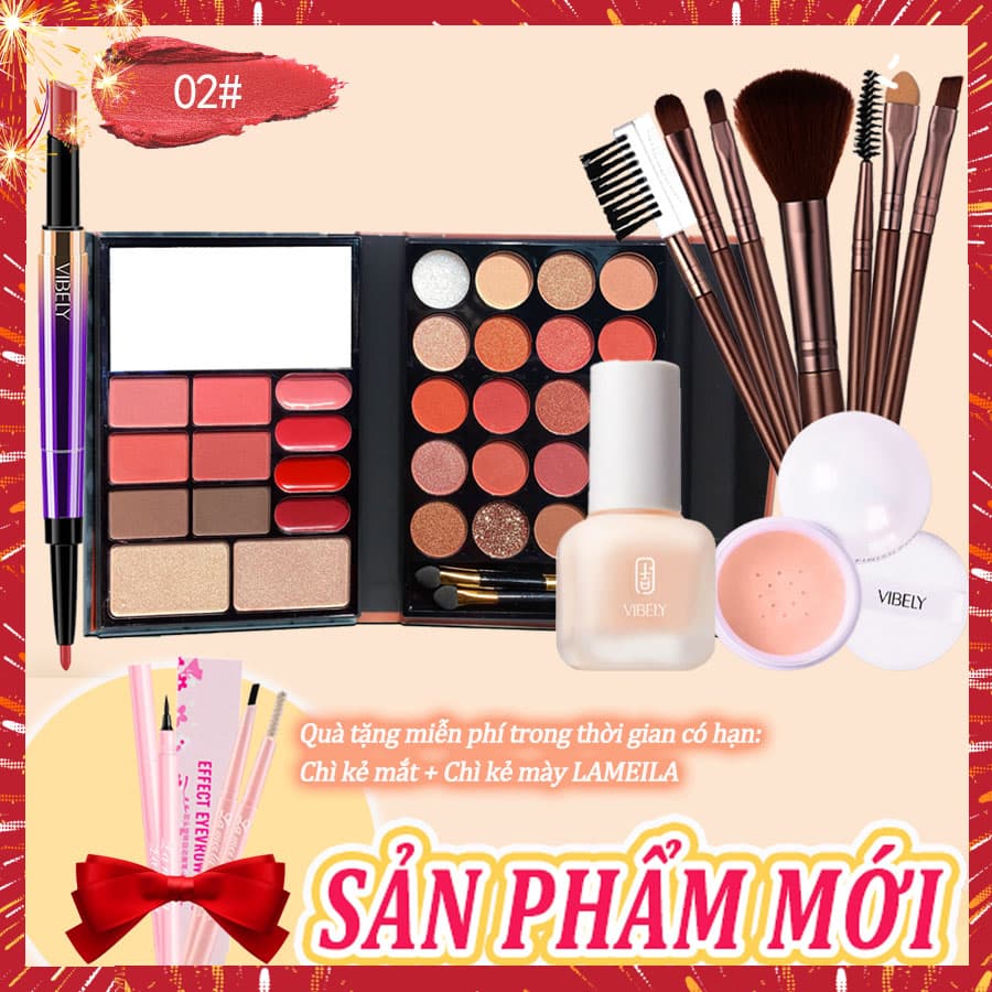 [HCM]VIBELY Bộ trang điểm cá nhân đầy đủ-5 mónSon môi chống thấm nước lâu trôi đa chức năng+Bảng phấn mắt 32 màu+Kem nền dạng lỏng+Phấn trang điểm bột+7 cọ trang điểm (Quà tặng miễn phí: LAMEILA chì kẻ mắt+mascara)