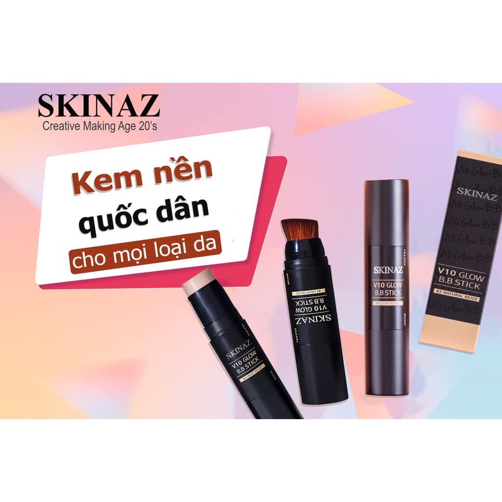 Kem nền kết hợp cọ trang điểm nét mịn dạng thỏi 2 in 1 cao cấp Hàn Quốc chính hãng - V10 Glow B.B Stick Skinaz