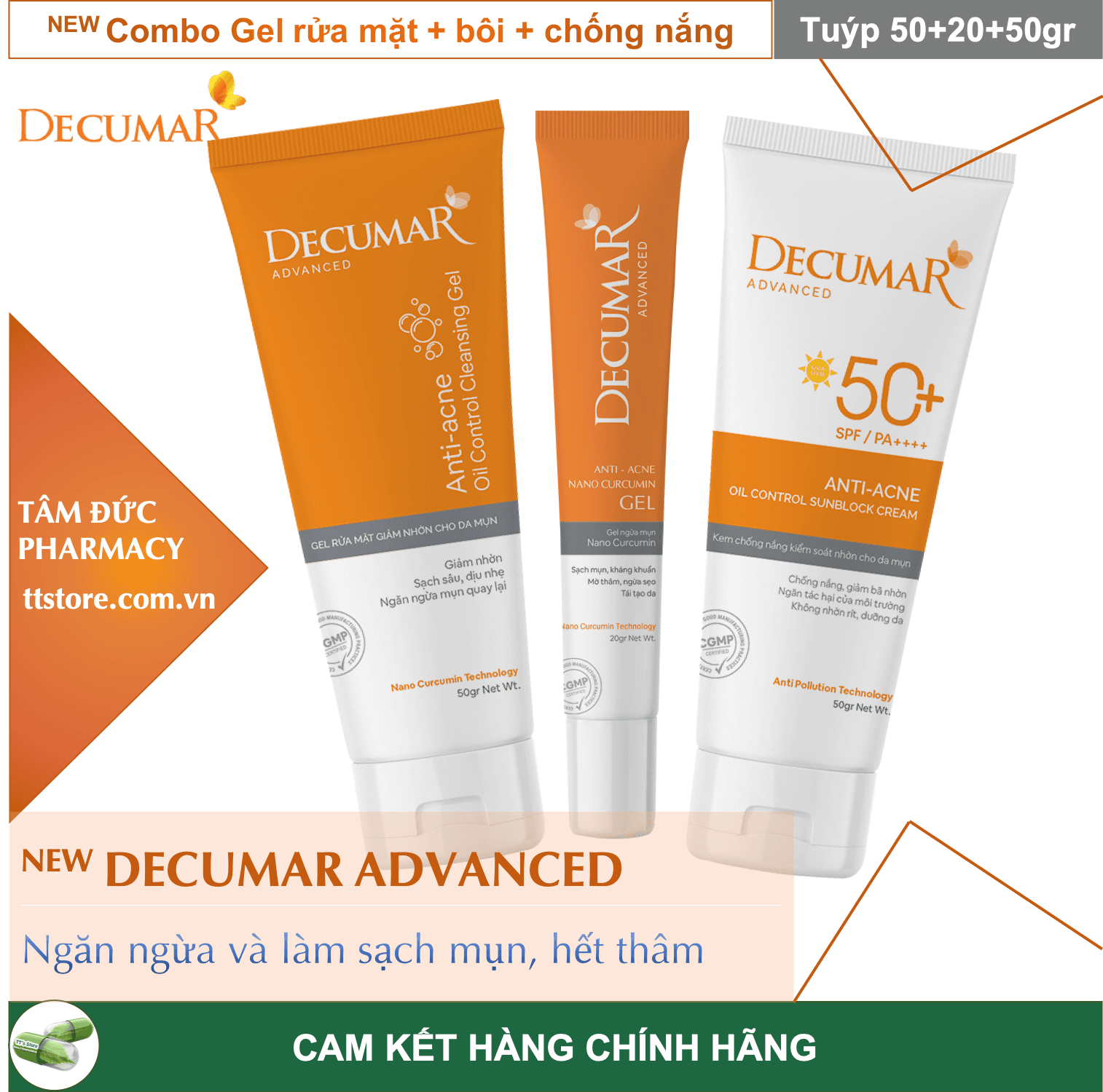 [HCM][NEW] Combo sạch mụn DECUMAR ADVANCED [Gel rửa mặt kiềm nhờn gel ngừa mụn kem chống nắng] (Decuma advance)