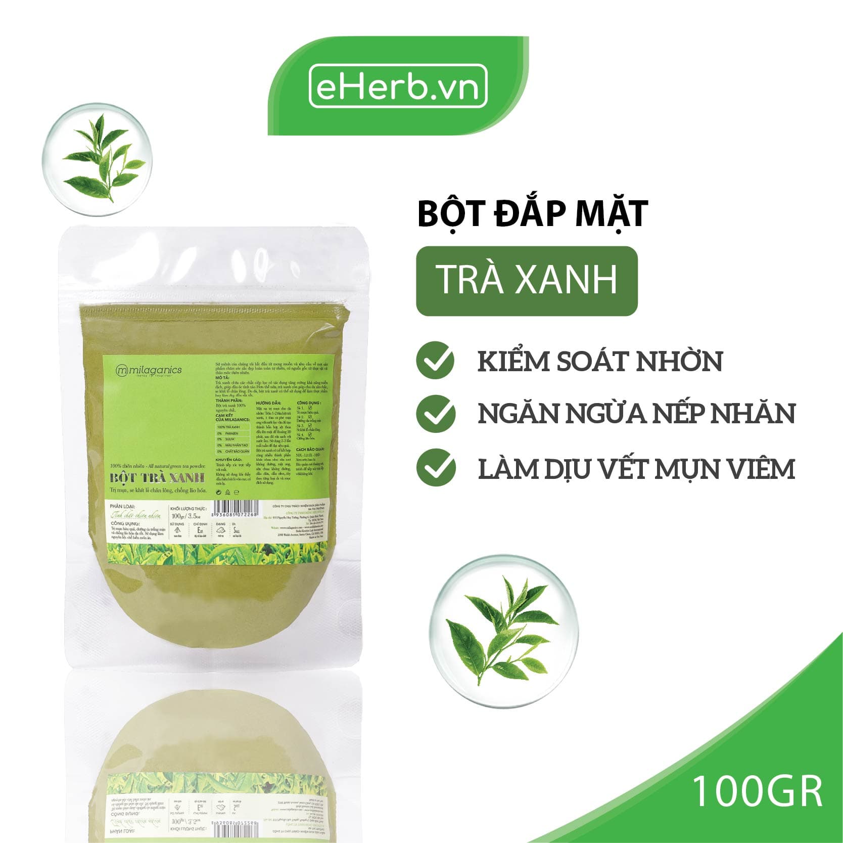 Bột Trà Xanh Nguyên Chất Đắp Mặt Nạ Dưỡng Da Trắng Mịn MILAGANICS 100g (Túi Zip)