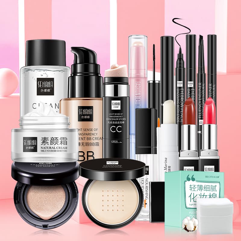 [HCM]【Urbeauty Mall】SENANA Bộ trang điểm mỹ phẩm 12/15 cái dành cho người mới bắt đầu Kem che khuyết điểm + Retouching Stick + Phấn trang điểm + Son môi + Bút kẻ mắt + Tẩy trang + Bút chì trán + Mascara + Kem BB + Cotton