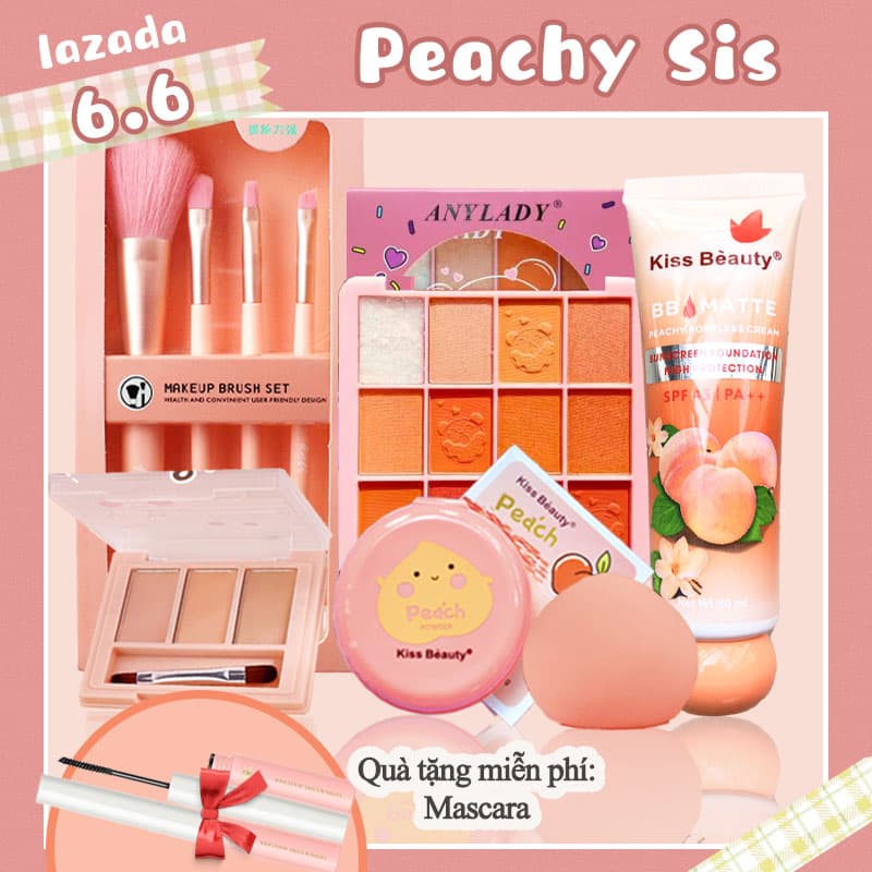 [HCM][Peachy Sis] Bộ trang điểm tiện lợi 6 món từ a đến z bộ makeup đầy đủ set trang điểm chuyên nghiệp Cọ trang điểm+Phấn mắt + Kem nền+Phấn trang điểm+Mút trang điểm+ kem che khuyết điểm 【1 Quà tặng miễn phí】