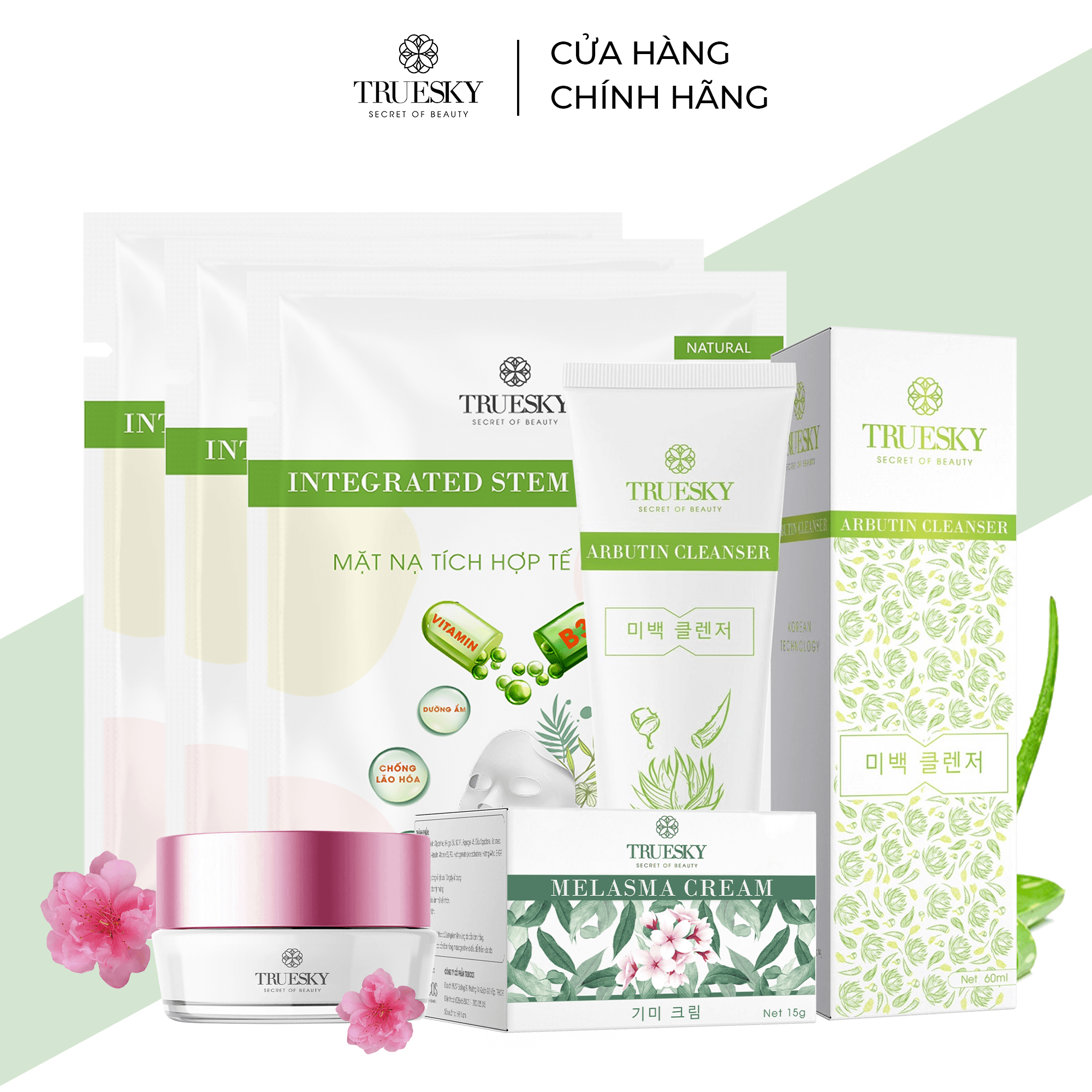 [HCM]Bộ tri nám da mặt Truesky V05 gồm 1 kem nám da 15g và 1 sữa rửa mặt trắng da 60ml & 3 miếng mặt nạ Truesky