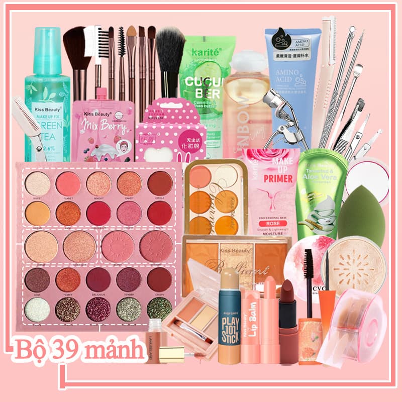 1 bộ gồm 39 bộ dụng cụ làm sạch và bộ trang điểm cho học sinh (25 dụng cụ trang điểm + 14 dụng cụ chăm sóc da)Lớp trang điểm lâu trôi làm sạch sâu
