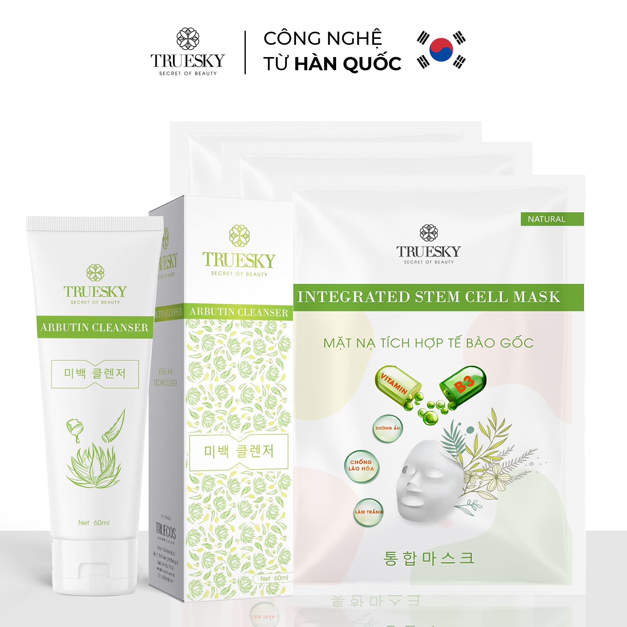 [HCM]Bộ sản phẩm dưỡng trắng da mặt Truesky M03 gồm 1 sữa rửa mặt trắng da nha đam 60ml & 3 miếng mặt nạ dưỡng trắng da mặt