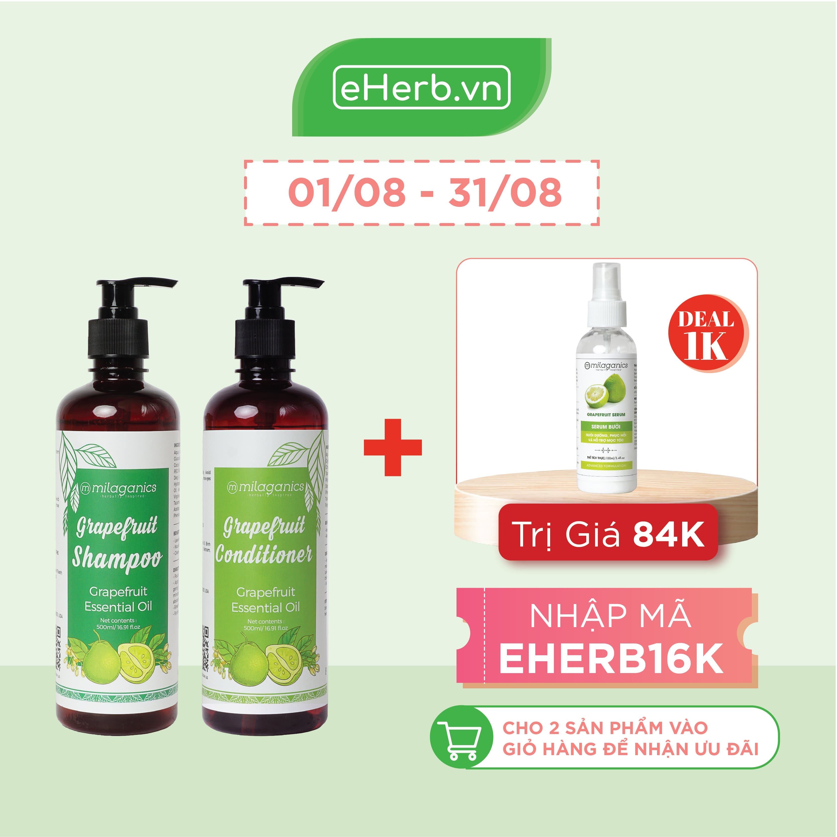 Combo Dầu Gội & Dầu Xả Bưởi Ngừa Rụng & Kích Thích Mọc Tóc Từ Tinh Dầu Bưởi Nguyên Chất MILAGANICS (500ml/ Chai)