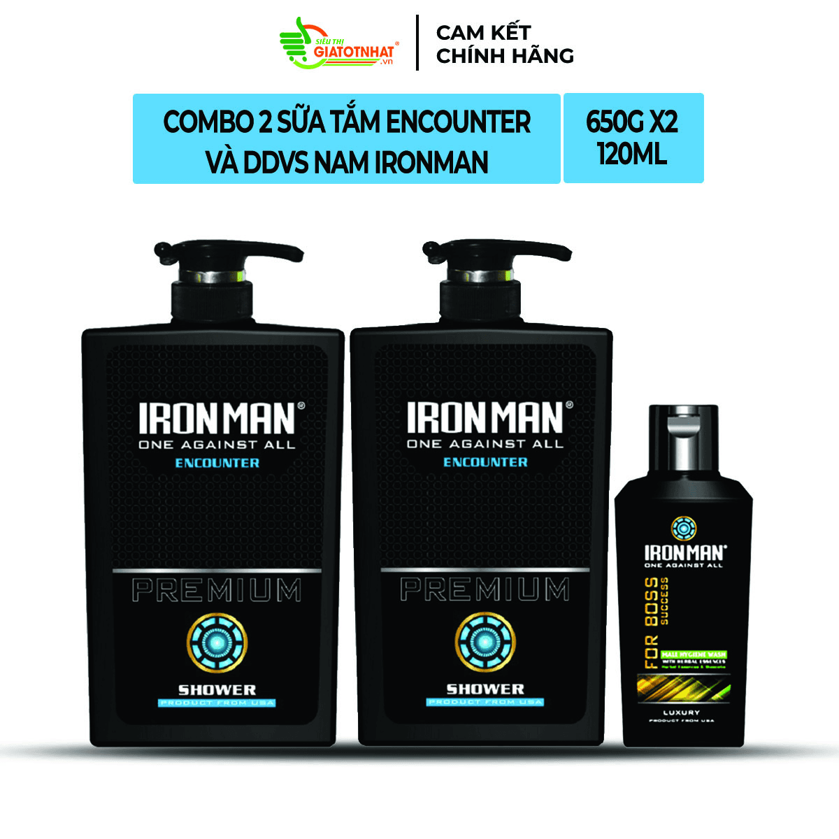 [HCM]Sữa tắm hương nước hoa nam Ironman Encouter  650g + Sữa tắm hương nước hoa Ironman Encounter 650g và dung dịch vệ sinh nam tinh chất thảo dược 120g