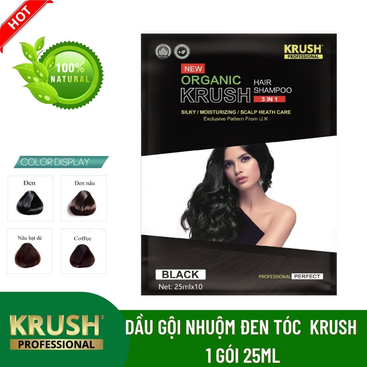 Gói Dầu Gội Đầu Phủ Bạc Đen Tóc Krush Organic 25ml (Màu đen)