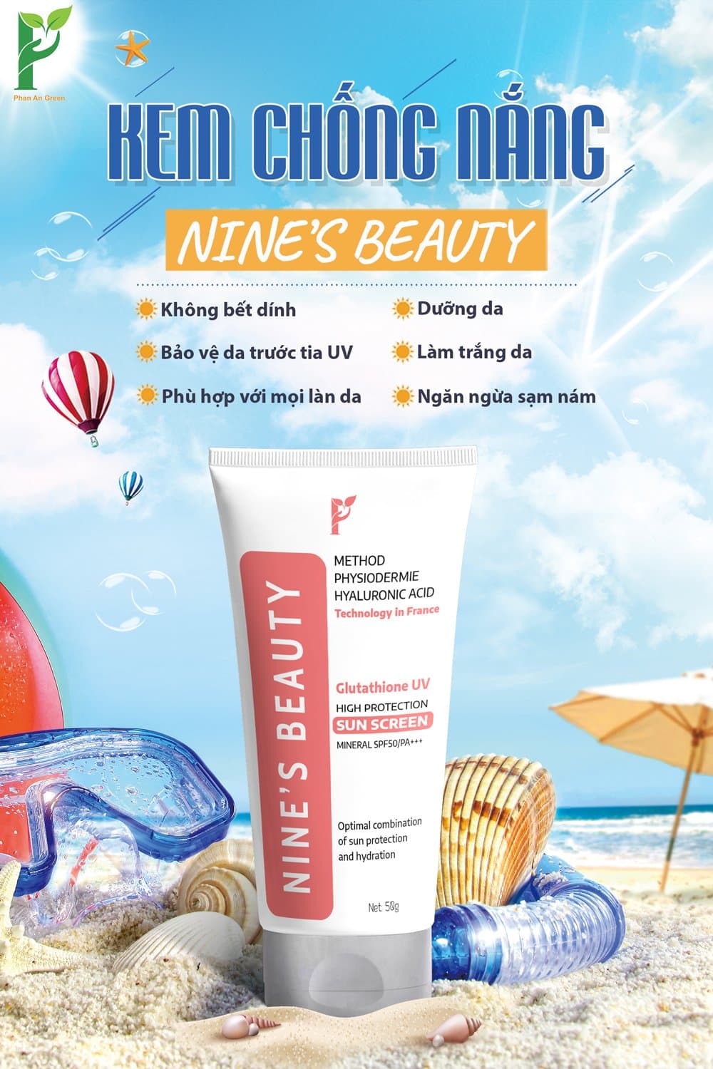 [Chính hãng] Kem chống nắng sinh học SPF 50 PA+++ dưỡng ẩm làm trắng mờ nám tàn nhang nhỏ lỗ chân lôndùng được cho da nhạy cảm da dễ kích ứng da dầu da mụn da khô HA Glutathione Nines Beauty Nines Dược Phan An Green [Có hóa đơn]