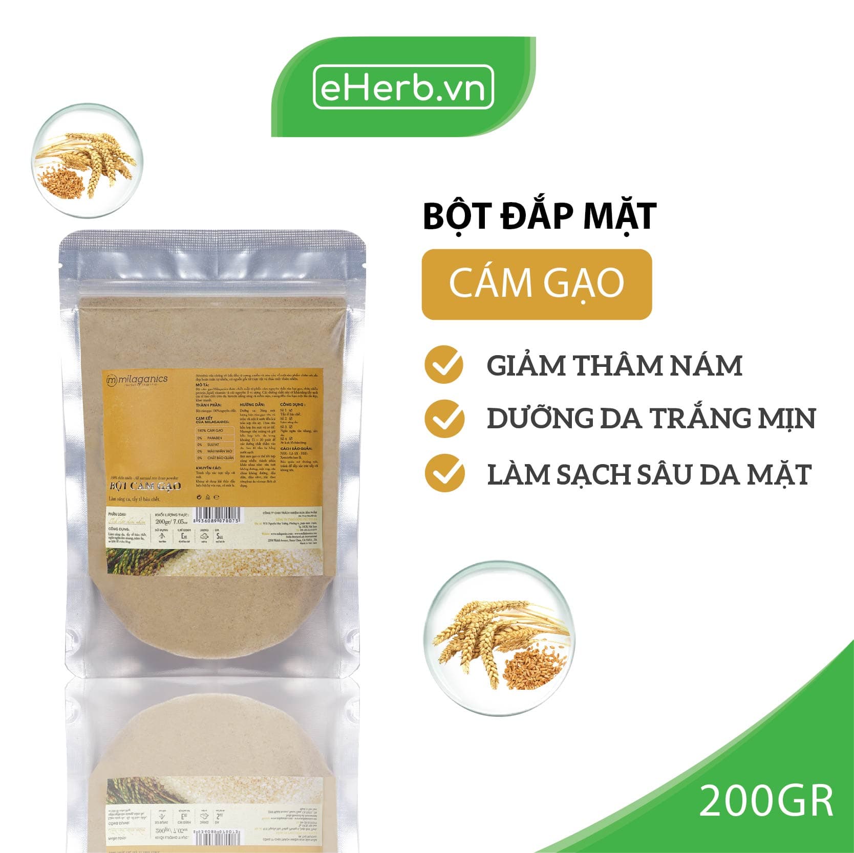 Bột Cám Gạo Nguyên Chất Đắp Mặt Nạ Dưỡng Da Trắng Mịn Giảm Nám MILAGANICS 200g (Túi Zip)