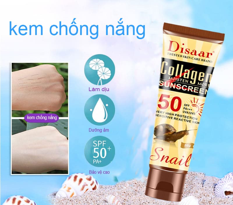 Kem chống nắng Collagen Disaar cho da mặt bảo vệ da SPF 50++ dưỡng và hỗ trợ tái tạo da chắc khỏe chống nắng hiệu quả dành cho cả nam và nữ chất kem mịn nhẹ không gây bết dính.