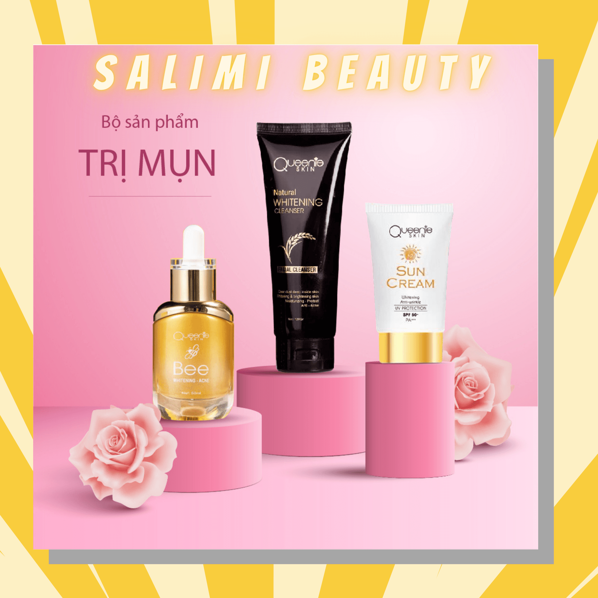 COMBO Gel Mụn Keo Ong Sửa Rửa Mặt Mầm Gạo Kem Chống Nắng Queenie Skin - Đánh Bay Mụn - Giảm Mụn Mờ Thâm Trắng Da Tái Tạo Da Mịn Da Giảm Nhăn Da Săn Chắc Da Se Khít Lỗ Chân Lông