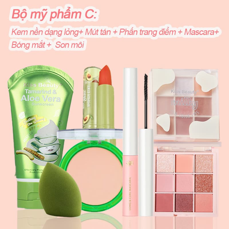 [HCM]【Kiss belle】Bộ 6 mảnh trang điểm cá nhân Kem nền dạng lỏng+Mút tán+Phấn trang điểm+(Chì kẻ mày hoặc là Kẻ mắt hoặc là Mascara)+Bóng mắt+Son môi(Kem chống nắng không thấm nước không thấm mồ hôi và lâu dài)