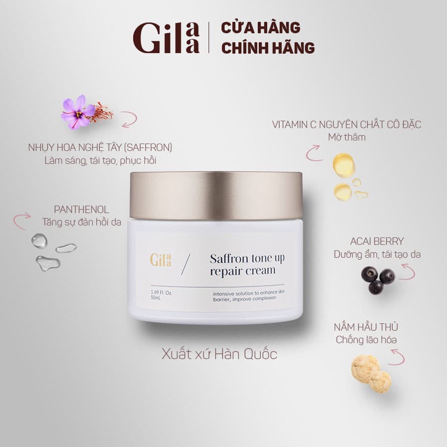 Kem dưỡng trắng da Gilaa Saffron Tone Up Repair Cream cấp ẩm phục hồi da