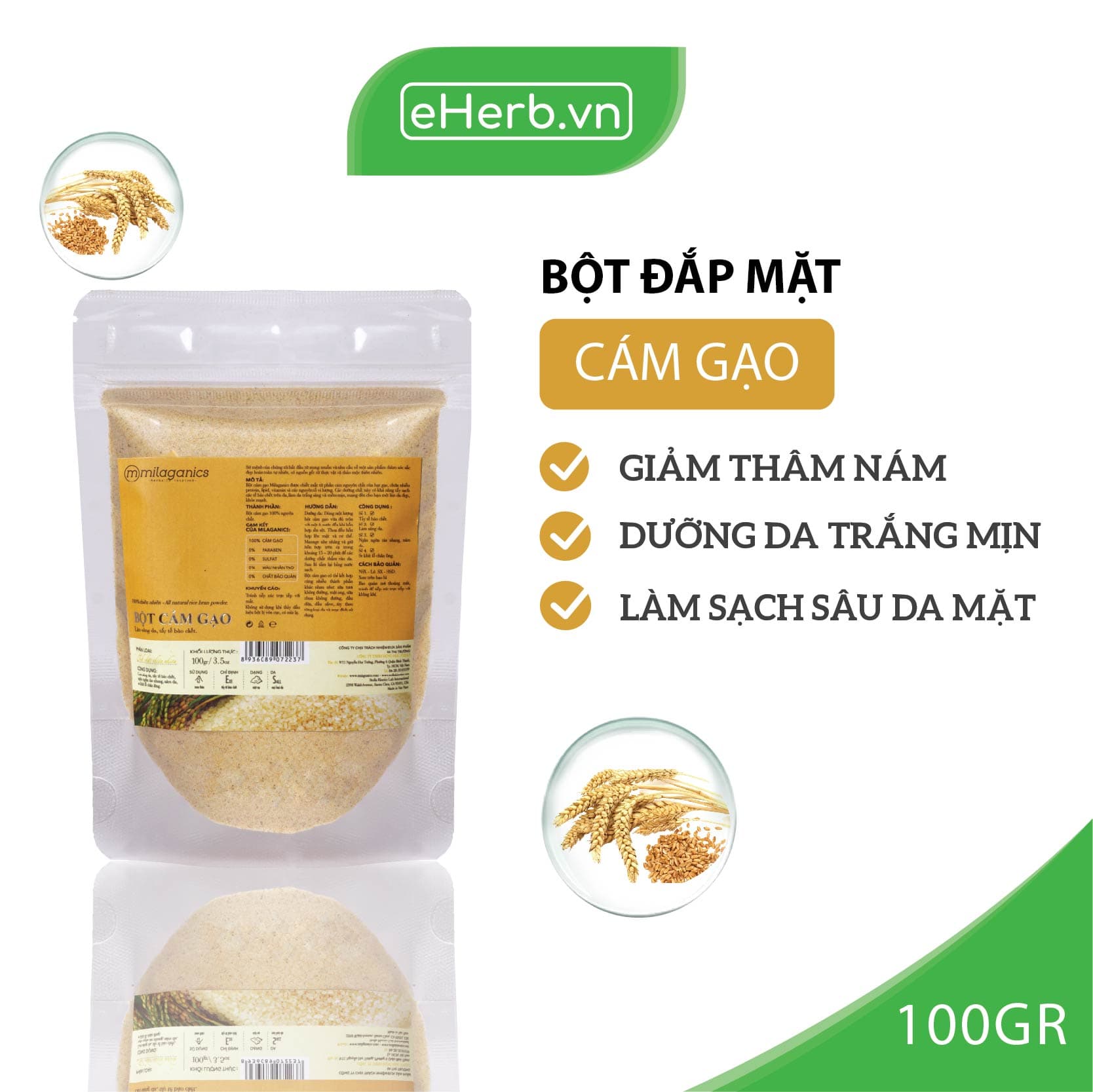 Bột Cám Gạo Nguyên Chất Đắp Mặt Nạ Dưỡng Da Trắng Mịn Giảm Nám MILAGANICS 100g (Túi Zip)
