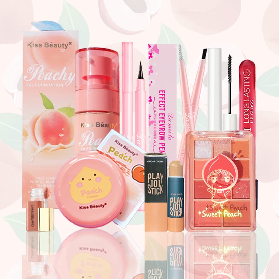 [HCM][Peachy Sis] 1 bộ mỹ phẩm gồm 9 món bộ mỹ phẩm giá rẻ (kem nền + phấn trang điểm + chì kẻ mày + kẻ mắt + mascara + má hồng + Men môi +Đường viền bóng bút trang điểm )