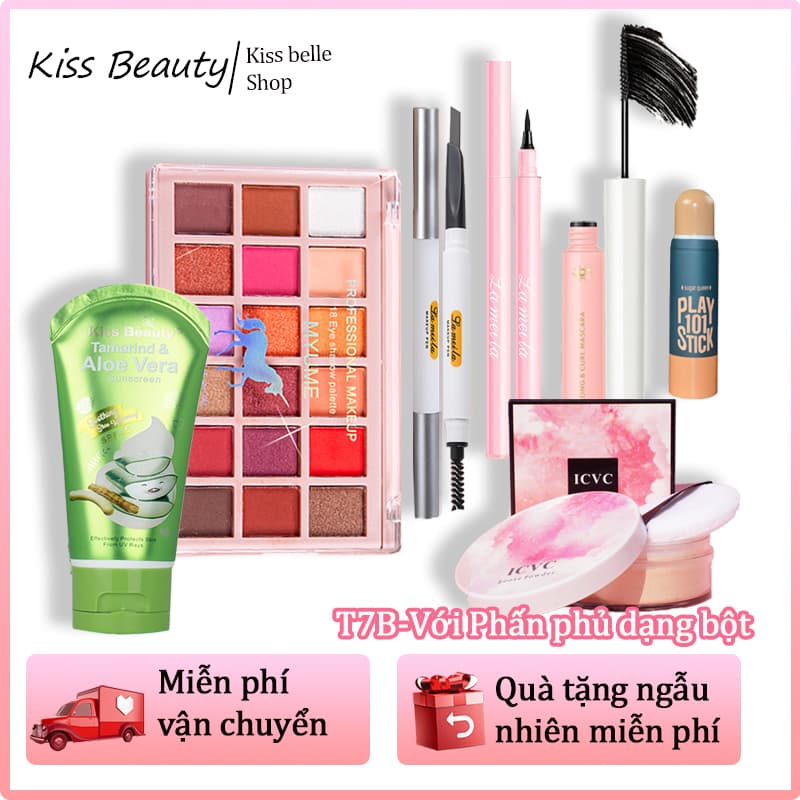 1 bộ 7 miếng combo trang điểm- Bộ trang điểm cho học sinhbộ make up đầy đủ thích hợp cho người mới bắt đầu(Kem nền dạng lỏngBút tạo khối18 màu phấn mắtChì kẻ mày hai đầuKẻ mắtmascaraSon đỏ hoặc Phấn phủ dạng bột)