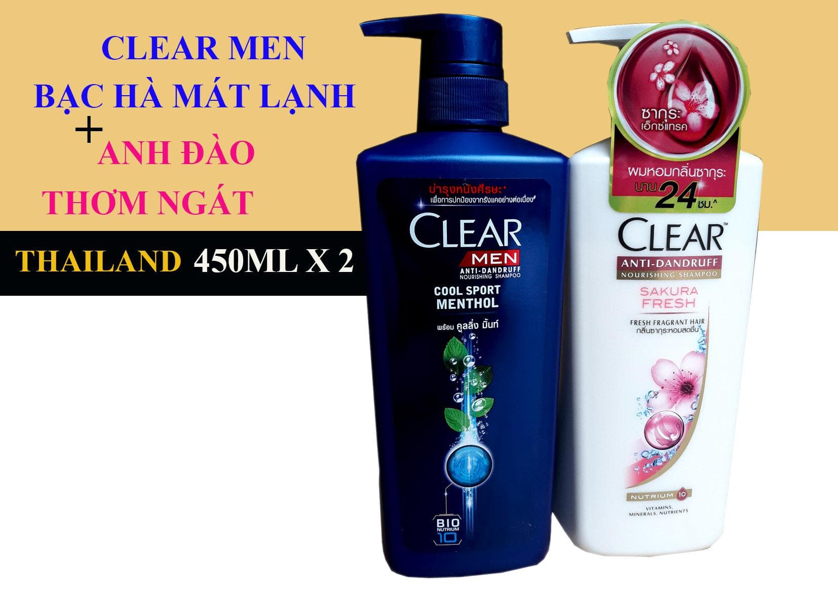 Bộ 2 Chai Dầu Gội Clear Anh Đào 480ml & Clear Men 450 ml Thái Lan