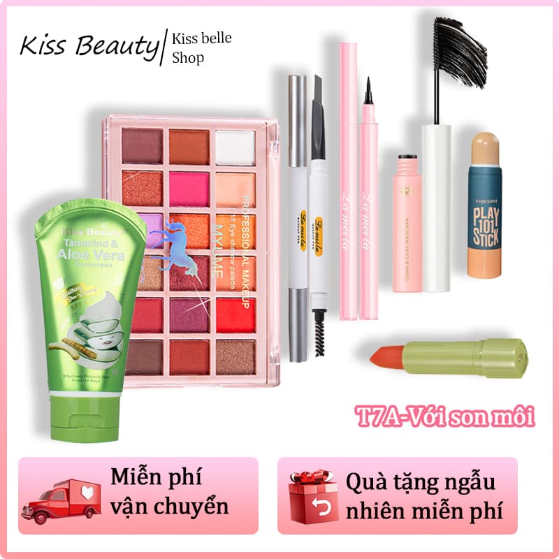 1 bộ 7 miếng combo trang điểm- Bộ trang điểm cho học sinhbộ make up đầy đủ thích hợp cho người mới bắt đầu(Kem nền dạng lỏngBút tạo khối18 màu phấn mắtChì kẻ mày hai đầuKẻ mắtmascaraSon đỏ hoặc Phấn phủ dạng bột)